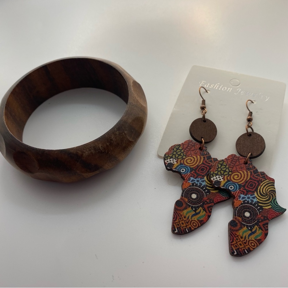 3pc Wooden Bangle 8” Multicolor African Map Earrings 3”pierced Hook Brown - Picture 6 of 6